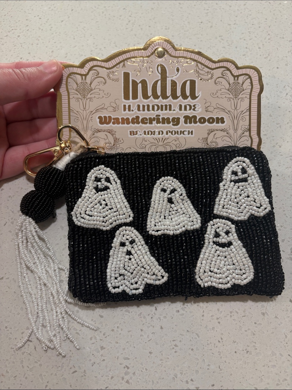India Handmade *RARE* Black Beaded Ghost Pouch - Wandering Moon